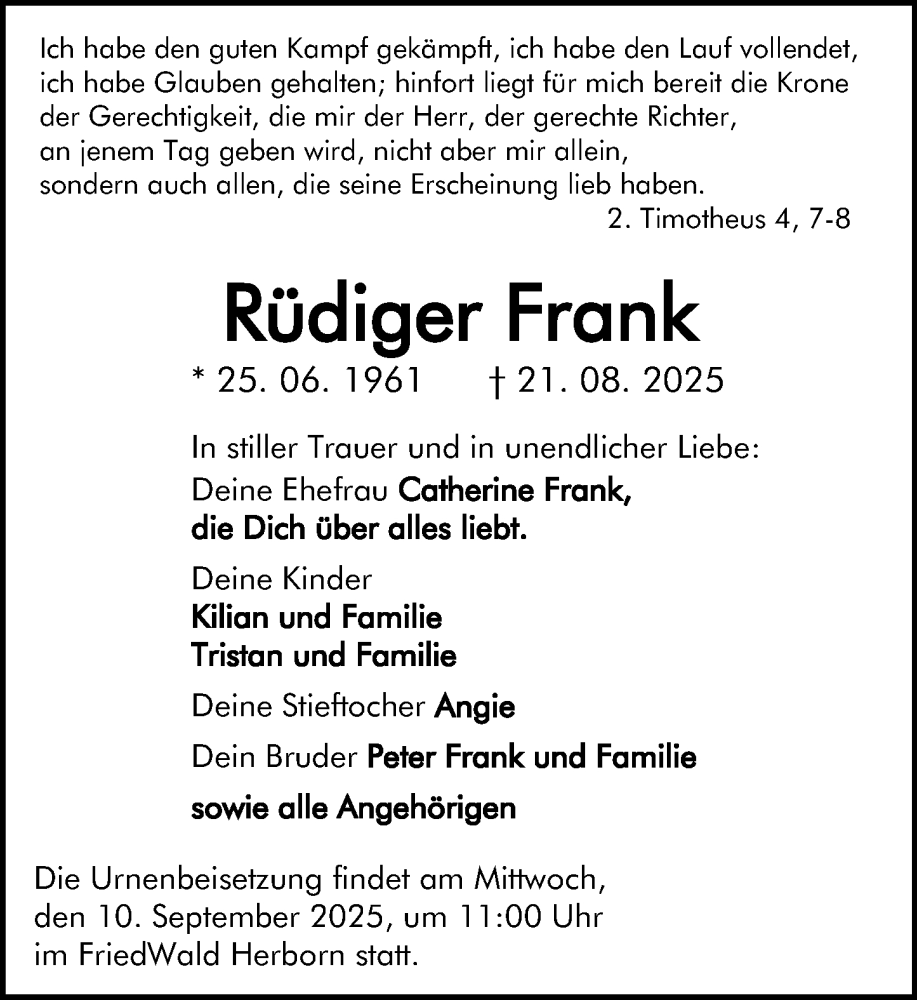  Traueranzeige für Rüdiger Frank vom 05.09.2025 aus Dill Block