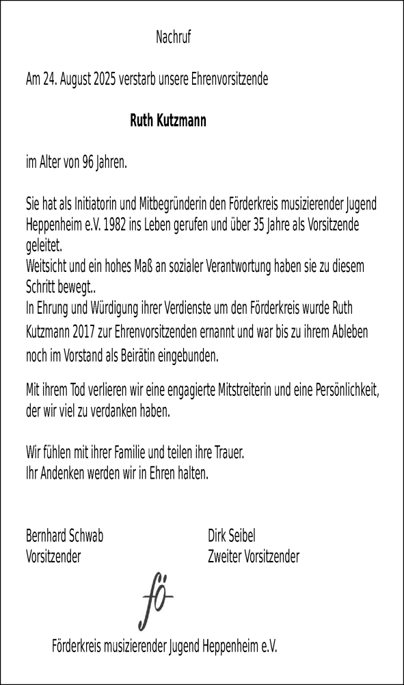  Traueranzeige für Ruth Kutzmann vom 30.08.2025 aus Starkenburger Echo
