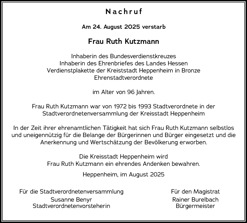  Traueranzeige für Ruth Kutzmann vom 30.08.2025 aus Starkenburger Echo