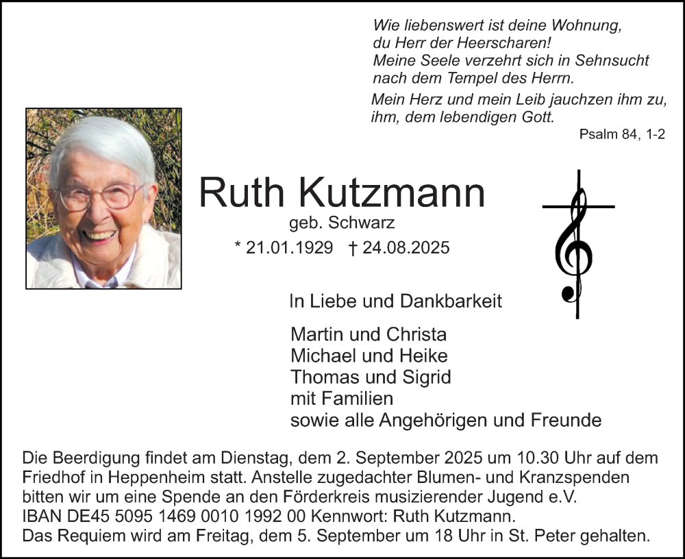  Traueranzeige für Ruth Kutzmann vom 30.08.2025 aus Starkenburger Echo