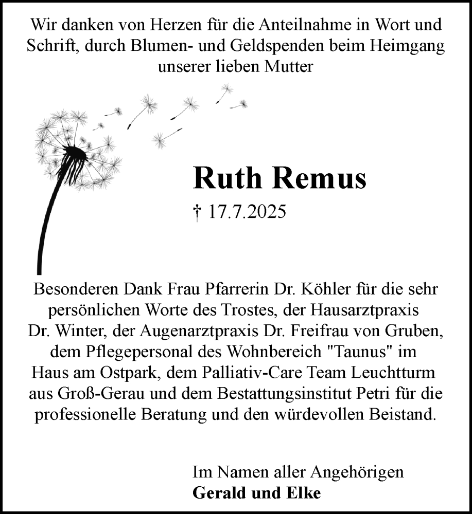  Traueranzeige für Ruth Remus vom 06.09.2025 aus Rüsselsheimer Echo