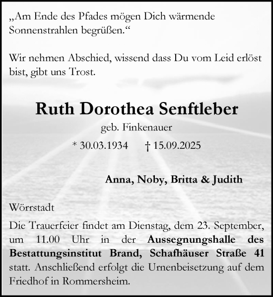 Traueranzeige von Ruth Dorothea Senftleber von Allgemeine Zeitung Alzey
