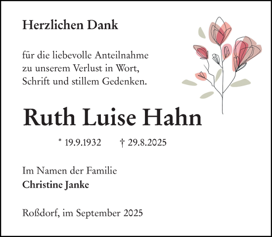 Traueranzeige von Ruth Luise Hahn von Darmstädter Echo