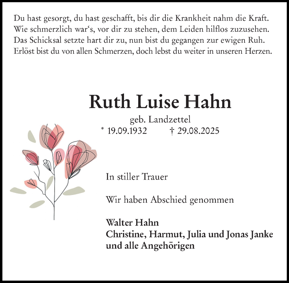 Traueranzeige für Ruth Luise Hahn vom 13.09.2025 aus Darmstädter Echo