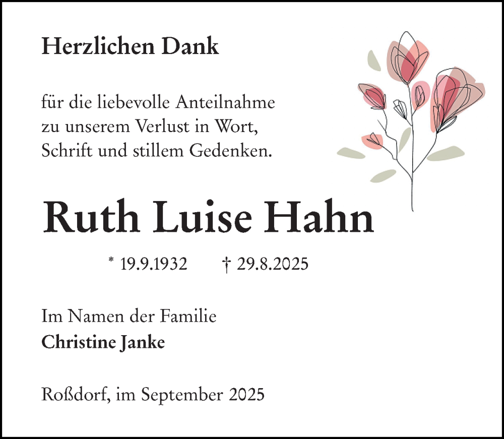 Traueranzeige für Ruth Luise Hahn vom 20.09.2025 aus Darmstädter Echo