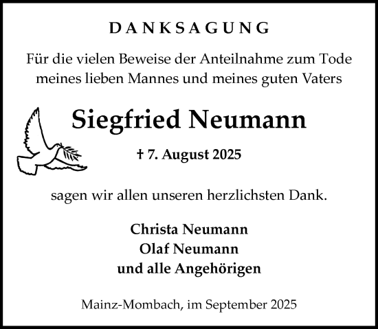 Traueranzeige von Siegfried Neumann von Allgemeine Zeitung Mainz
