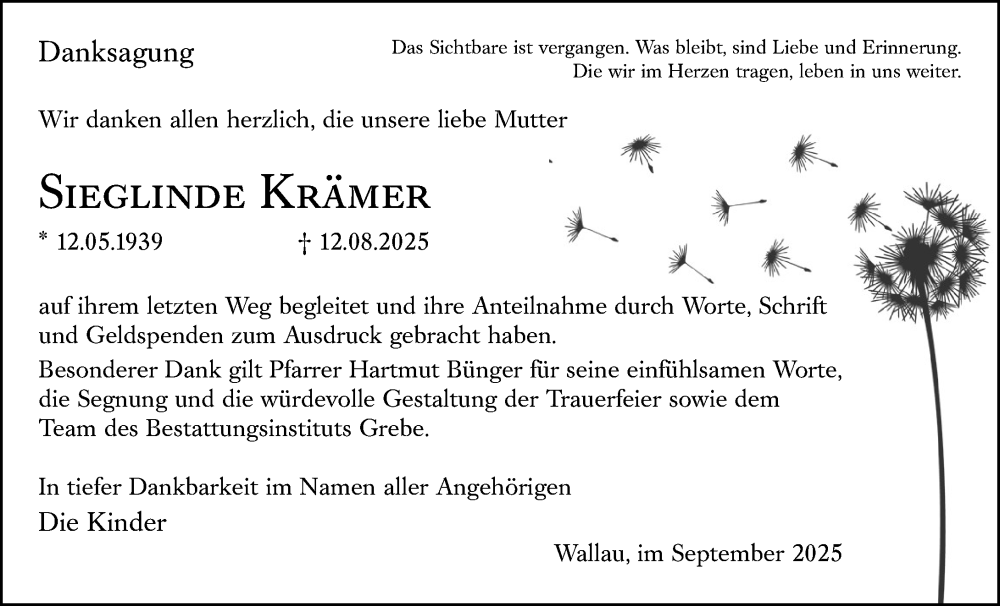  Traueranzeige für Sieglinde Krämer vom 13.09.2025 aus Hinterländer Anzeiger