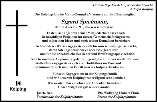 Traueranzeige von Sigurd Spielmann von Allgemeine Zeitung Mainz