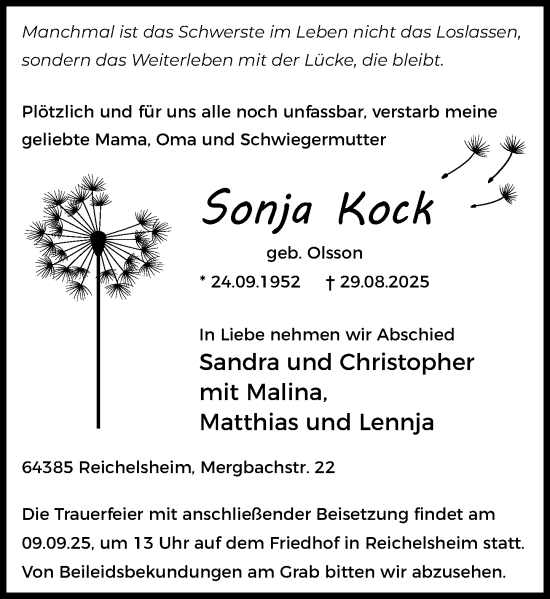 Traueranzeige von Sonja Kock von Odenwälder Echo