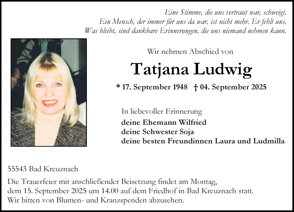  Traueranzeige für Tatjana Ludwig vom 10.09.2025 aus Allgemeine Zeitung Rheinhessen-Nahe