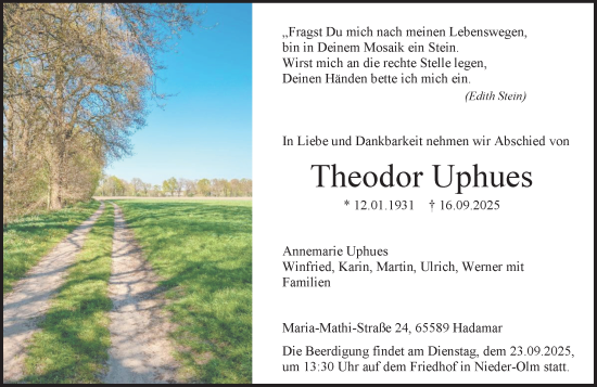 Traueranzeige von Theodor Uphues von Allgemeine Zeitung Mainz
