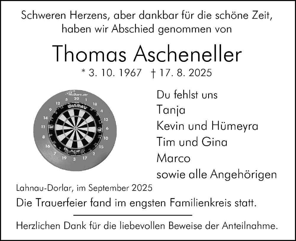  Traueranzeige für Thomas Ascheneller vom 06.09.2025 aus Wetzlarer Neue Zeitung