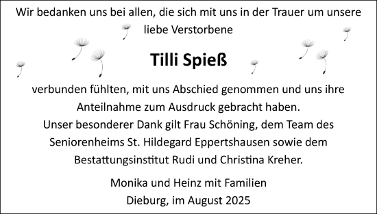 Traueranzeige von Tilli Spieß von Dieburger Anzeiger/Groß-Zimmerner Lokal-Anzeiger