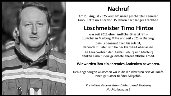 Traueranzeige von Timo Hintze von Dieburger Anzeiger/Groß-Zimmerner Lokal-Anzeiger