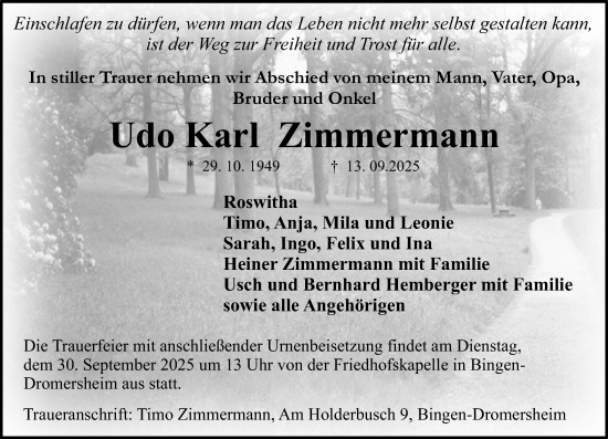 Traueranzeige von Udo Karl Zimmermann von Binger-/Ingelheimer Wochenblatt