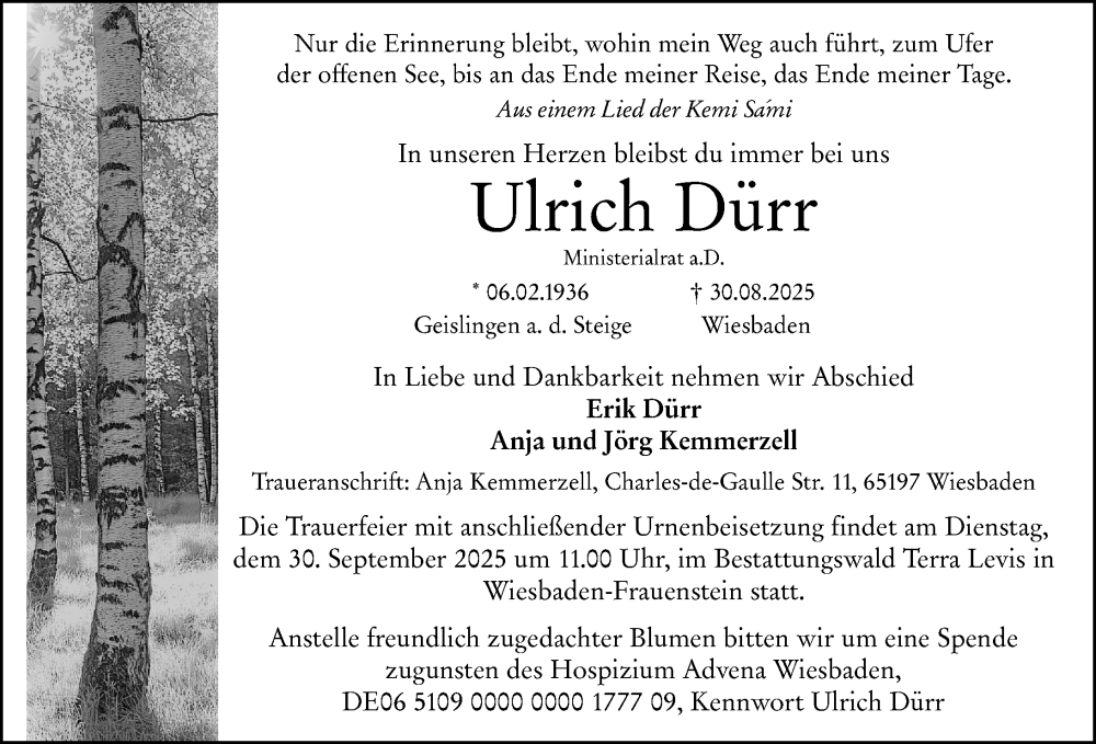  Traueranzeige für Ulrich Dürr vom 13.09.2025 aus Wiesbadener Kurier