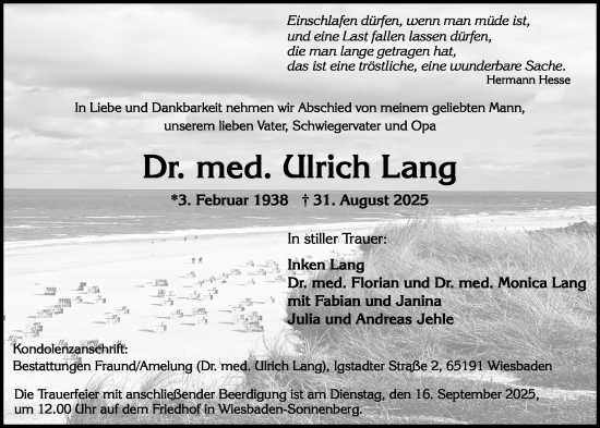 Traueranzeige von Ulrich Lang von Wiesbadener Kurier