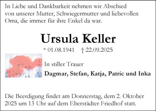 Traueranzeige von Ursula Keller von Darmstädter Echo