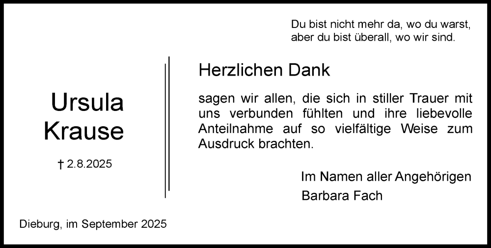  Traueranzeige für Ursula Krause vom 20.09.2025 aus Dieburger Anzeiger/Groß-Zimmerner Lokal-Anzeiger