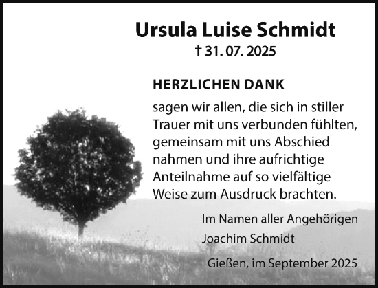 Traueranzeige von Ursula Luise Schmidt von Wetzlarer Neue Zeitung