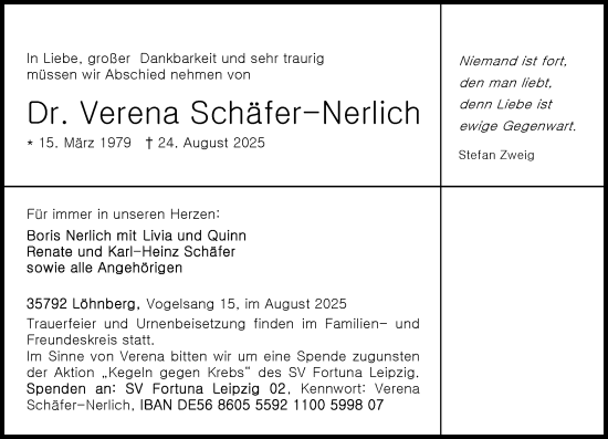 Traueranzeige von Verena Schäfer-Nerlich von Weilburger Tageblatt