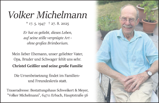 Traueranzeige von Volker Michelmann von Odenwälder Echo