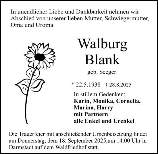 Traueranzeige von Walburg Blank von Darmstädter Echo