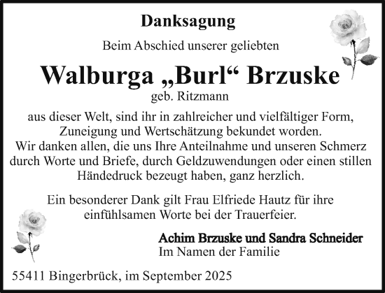Traueranzeige von Walburga Brzuske von Binger-/Ingelheimer Wochenblatt