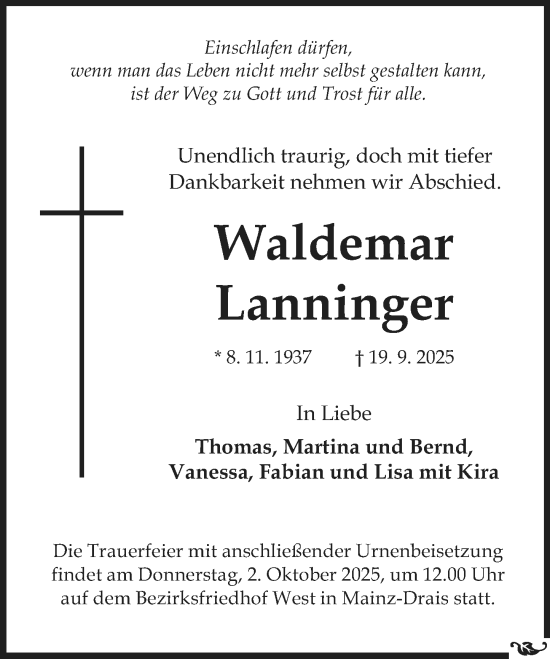 Traueranzeige von Waldemar Lanninger von Allgemeine Zeitung Mainz