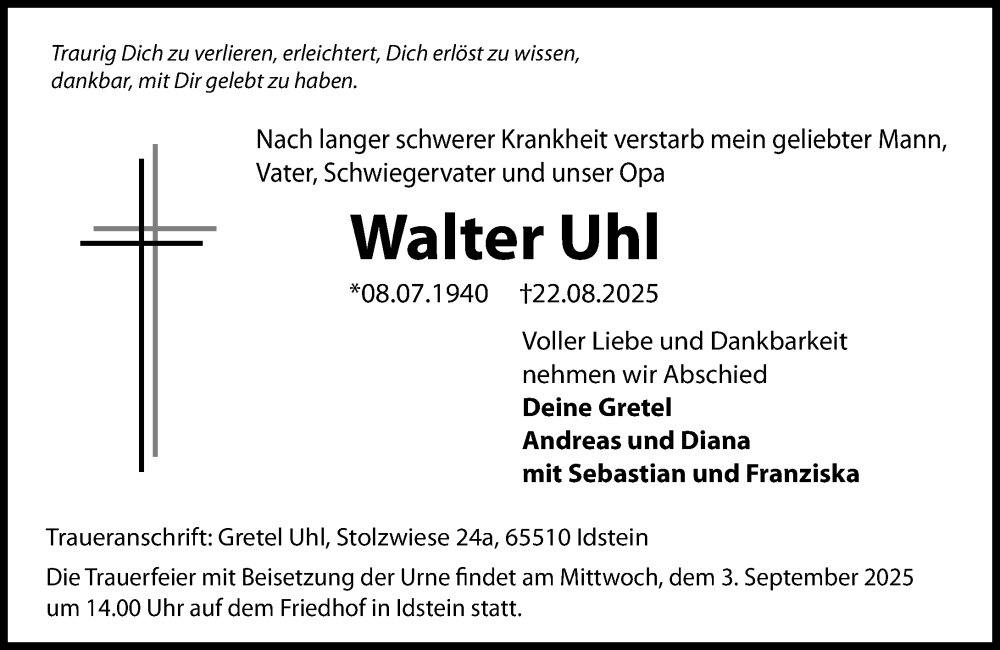  Traueranzeige für Walter Uhl vom 30.08.2025 aus Idsteiner Land/Untertaunus