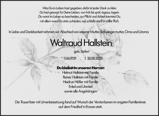 Traueranzeige von Waltraud Hallstein von Odenwälder Echo