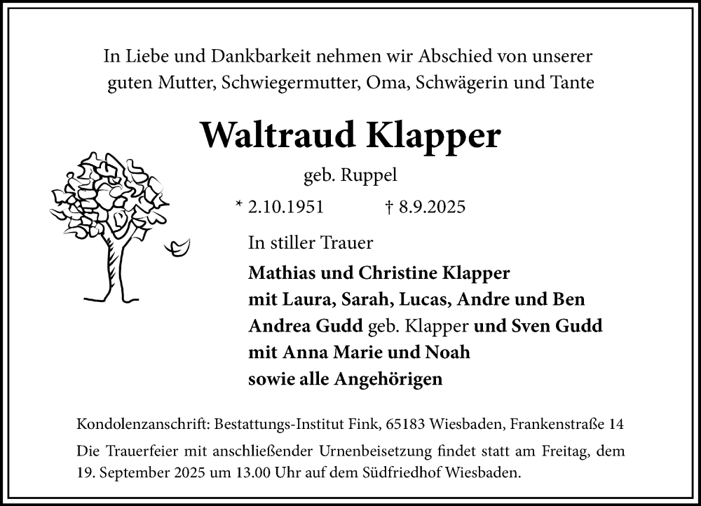  Traueranzeige für Waltraud Klapper vom 13.09.2025 aus Wiesbadener Kurier