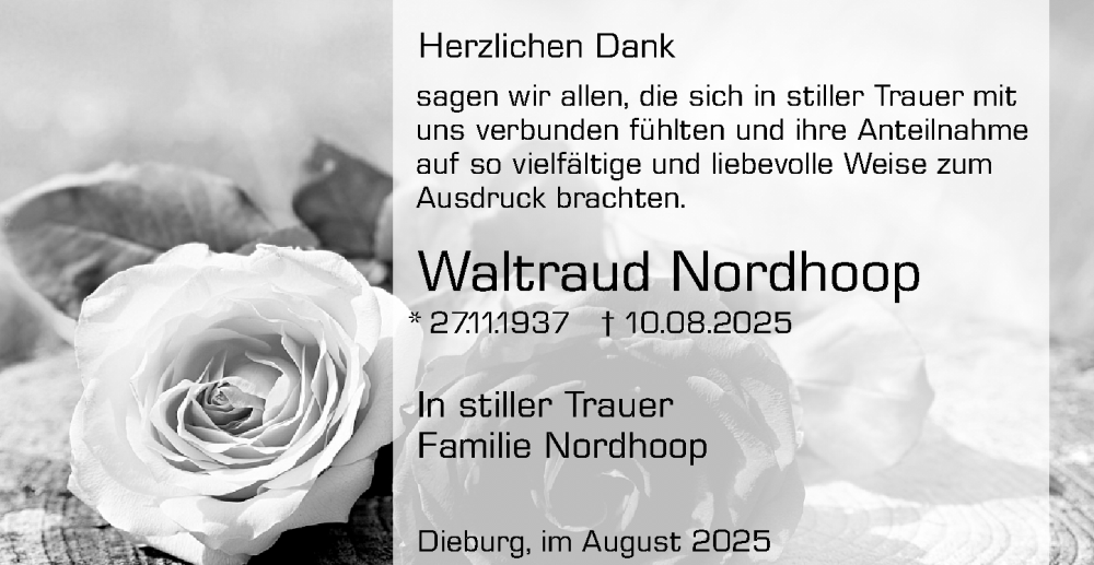  Traueranzeige für Waltraud Nordhoop vom 30.08.2025 aus Dieburger Anzeiger/Groß-Zimmerner Lokal-Anzeiger