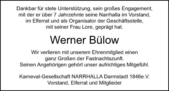 Traueranzeige von Werner Bülow von Darmstädter Echo
