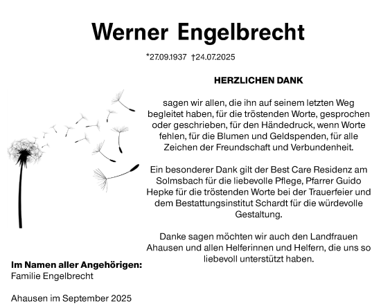Traueranzeige von Werner Engelbrecht von Weilburger Tageblatt