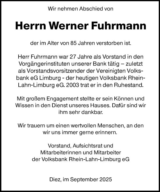 Traueranzeige von Werner Fuhrmann von Nassauische Neue Presse