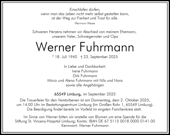 Traueranzeige von Werner Fuhrmann von Nassauische Neue Presse
