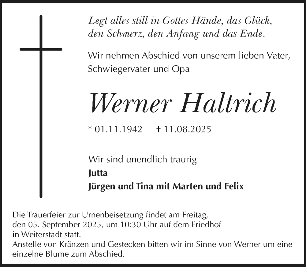  Traueranzeige für Werner Haltrich vom 30.08.2025 aus Darmstädter Echo