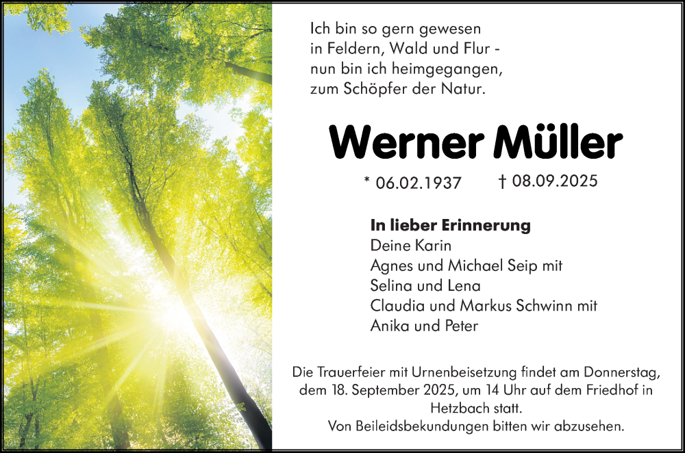  Traueranzeige für Werner Müller vom 13.09.2025 aus Odenwälder Echo