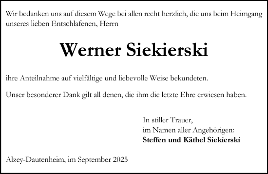 Traueranzeige von Werner Siekierski von Allgemeine Zeitung Alzey