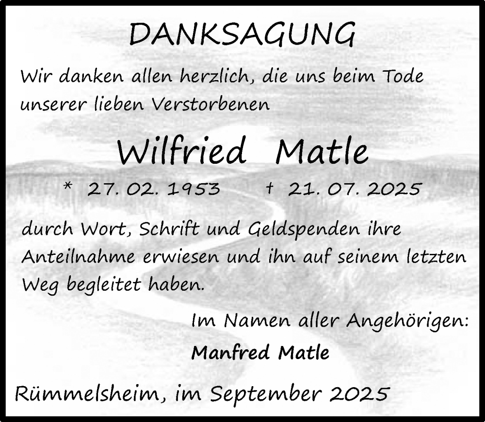  Traueranzeige für Wilfried Matle vom 13.09.2025 aus Binger-/Ingelheimer Wochenblatt
