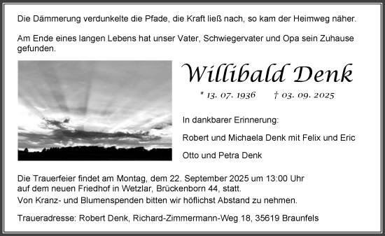 Traueranzeige von Willibald Denk von Wetzlarer Neue Zeitung