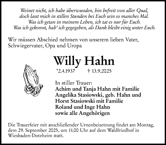 Traueranzeige von Willy Hahn von Wiesbadener Kurier