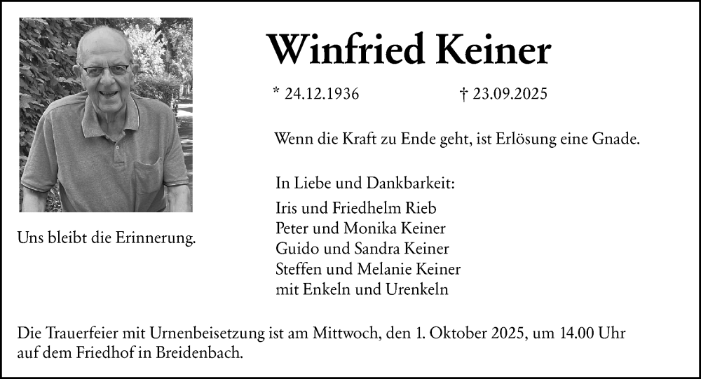  Traueranzeige für Winfried Keiner vom 27.09.2025 aus Hinterländer Anzeiger