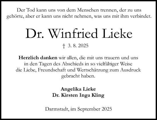 Traueranzeige von Winfried Lieke von Darmstädter Echo