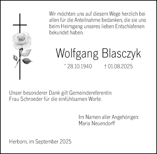 Traueranzeige von Wolfgang Blasczyk von Dill Block
