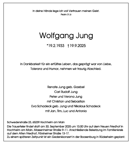 Traueranzeige von Wolfgang Jung von Hochheimer Zeitung