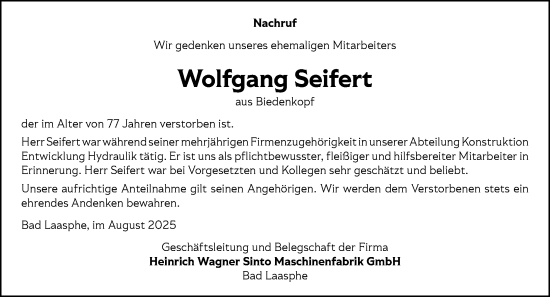 Traueranzeige von Wolfgang Seifert von Hinterländer Anzeiger