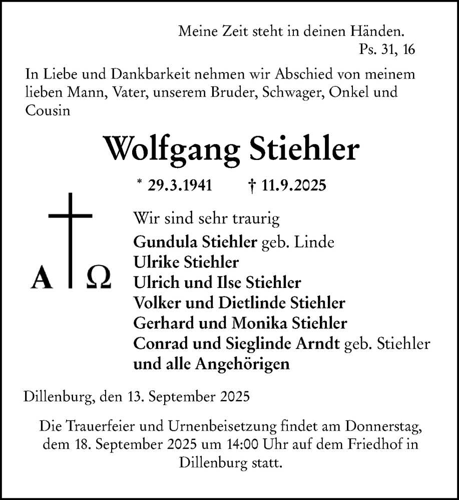  Traueranzeige für Wolfgang Stiehler vom 13.09.2025 aus Dill Block