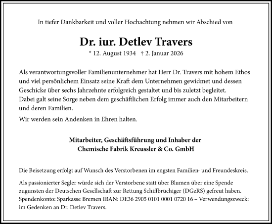 Traueranzeige von Detlev Travers 